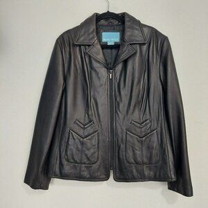 Nine West Women's Black Moto Zip Leather Jacket‎ V-Double Front Pockets Size XL